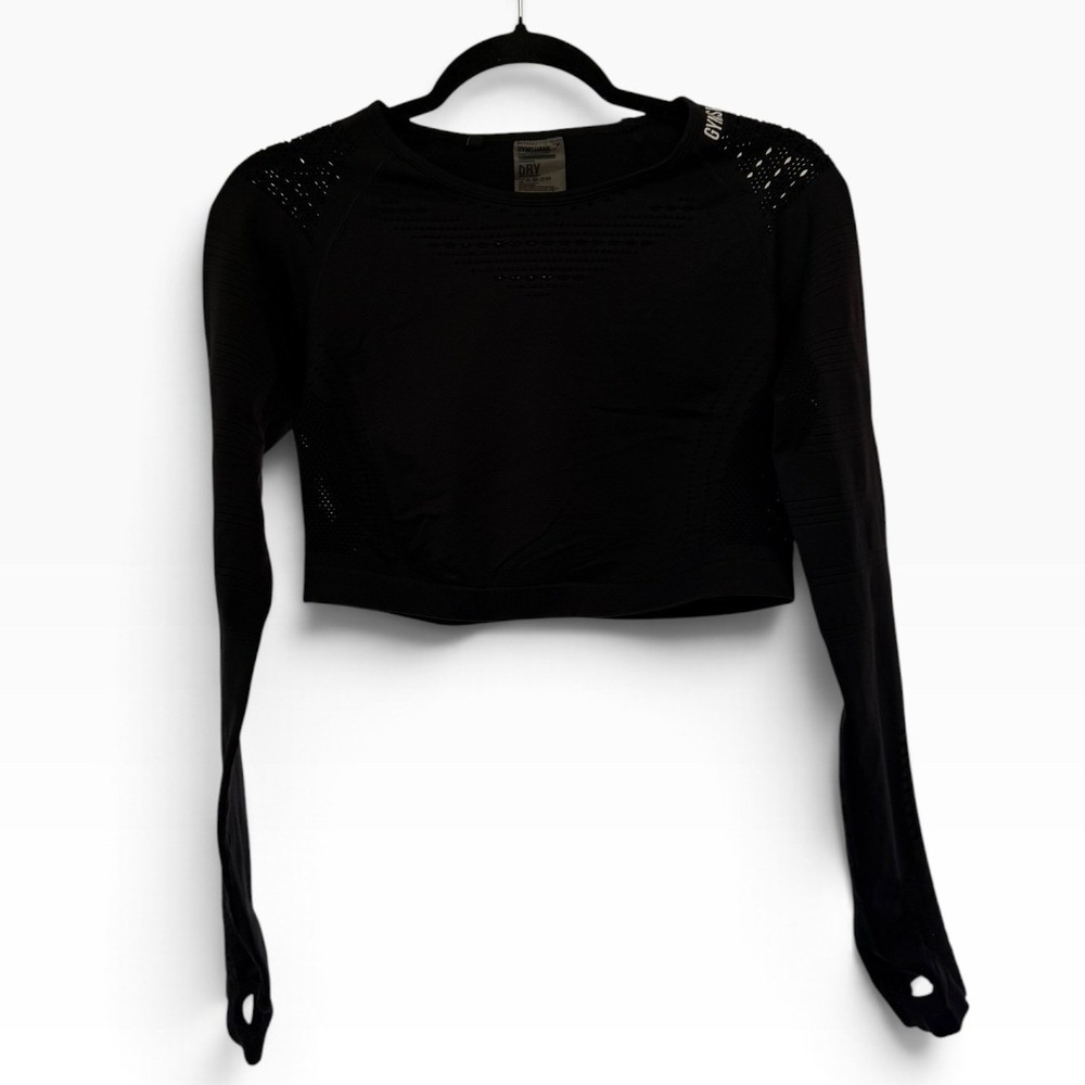 Gymshark Energy+ Seamless Long Sleeve Crop Top Black Large Thumbholes Workout